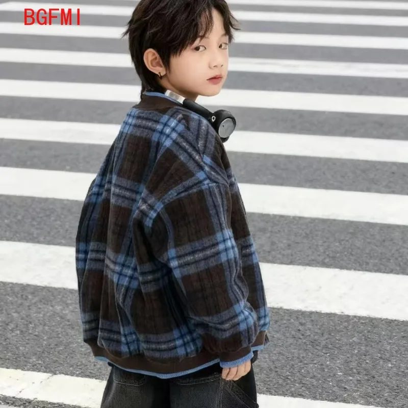 Fashion Boys Woolen Cotton Coat for Winter 2026 New Blue Grid Baseball Jacket for Teenager Girl Thick Stitched with Inner Lining