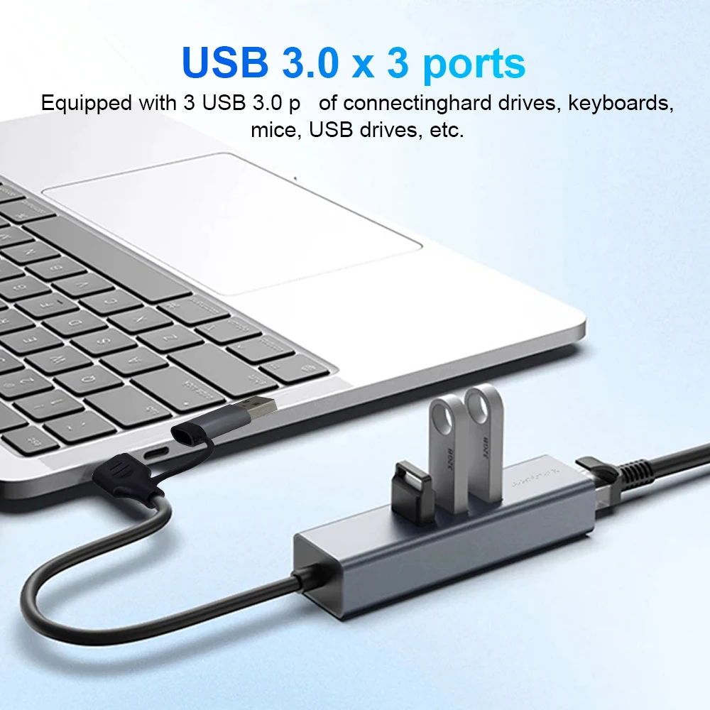 1000Mbps Wired Network Card 4 IN 1 3 USB3.0 HUB Adapter USB3.0 Type-C to RJ45 Giagbit Ethernet Converter For MacBook Notebook PC