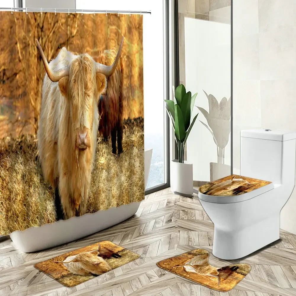 Highland Cow Shower Curtains Autumn Country Retro Old Wooden Farmhouse Barn Scenery Non-Slip Carpet Toilet Cover Floor Mat Sets