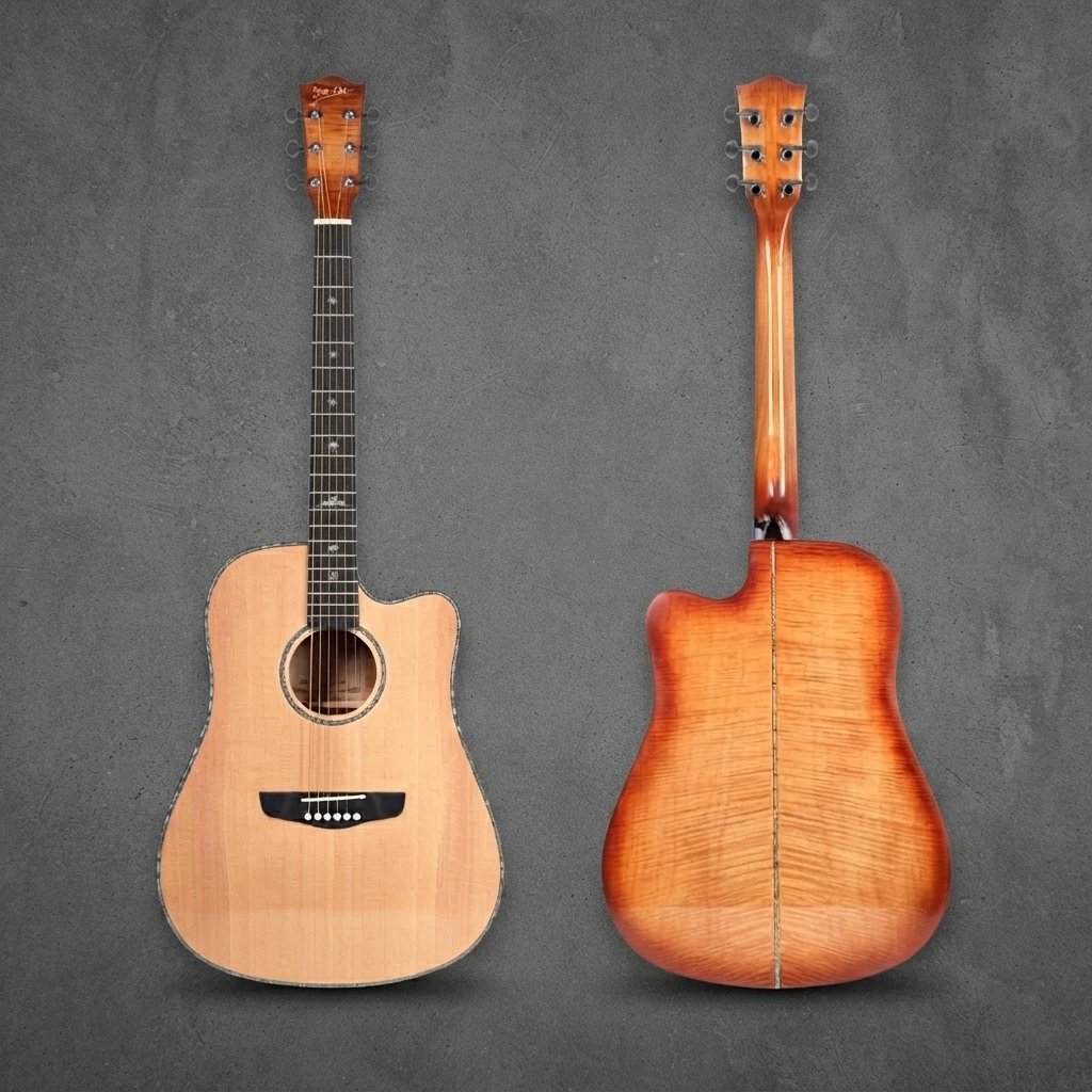 Cross Inlay Acoustic Guitar, 6 Strings, Glossy Flame Pattern, Cutaway, Light Top, Chrome Tuners, Slim Neck for Daily Practice