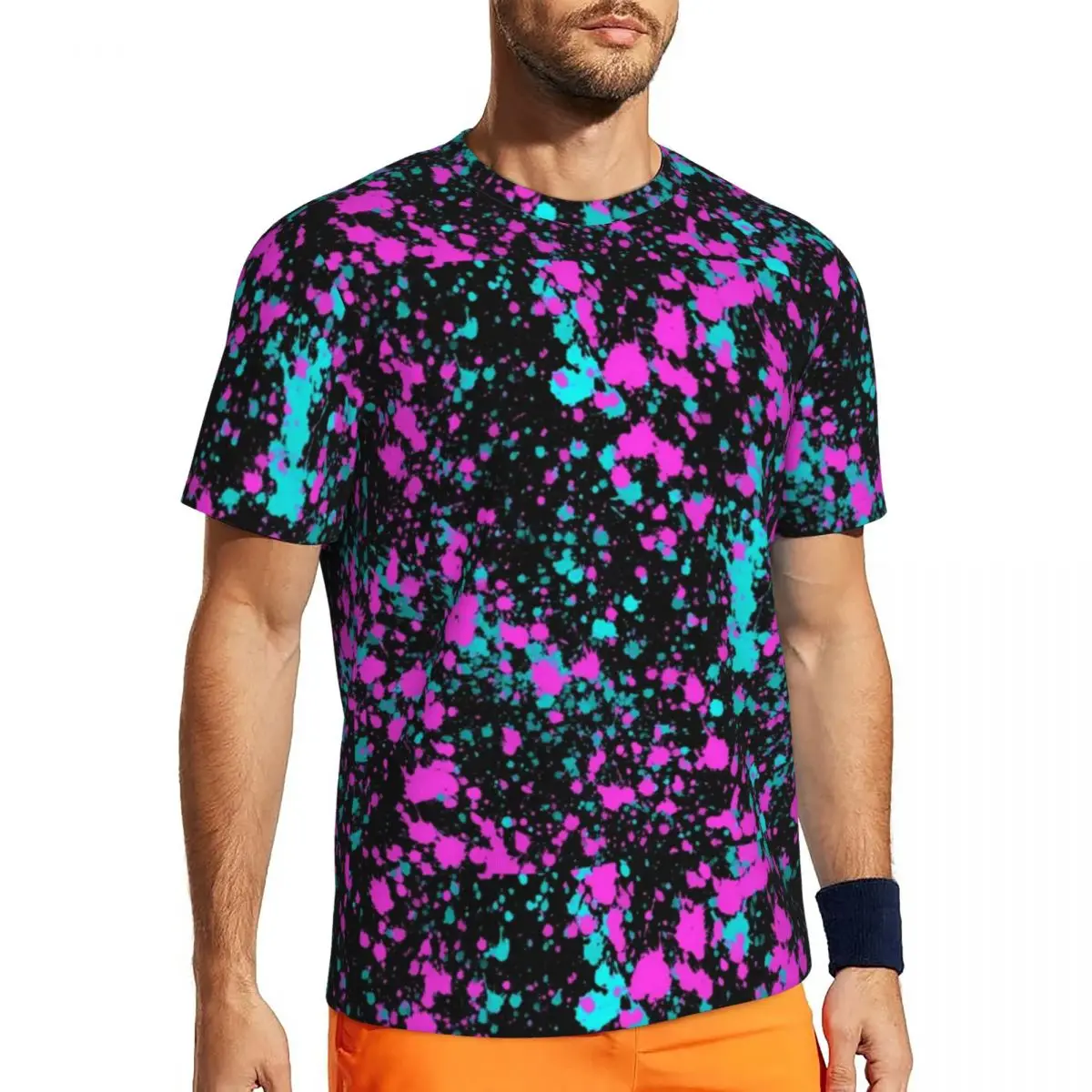 

Neon Paint Splatter Sports T-Shirt Summer Pink And Blue Streetwear T Shirts Fashion Tee Shirt For Male Custom Top Tees Plus Size