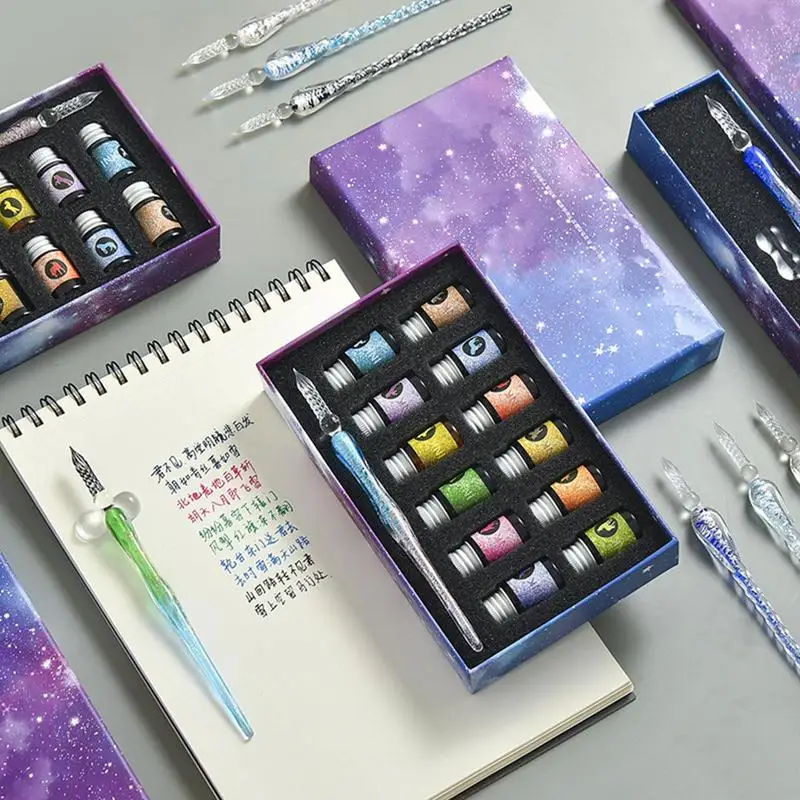 Glass Dip Pen Set Crystal Starry Sky Calligraphy Dip Pen Glitter Powder Fountain Pens 12-Color Inks Writing Pencil Gift Box