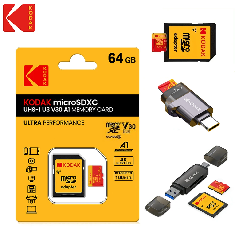 

KODAK 256GB Micro SD Card Memory Card 128GB 64GB 32GB Class 10 UHS-1 TF Flash card Memoria for Monitor& DJI Pocket Cams Drones
