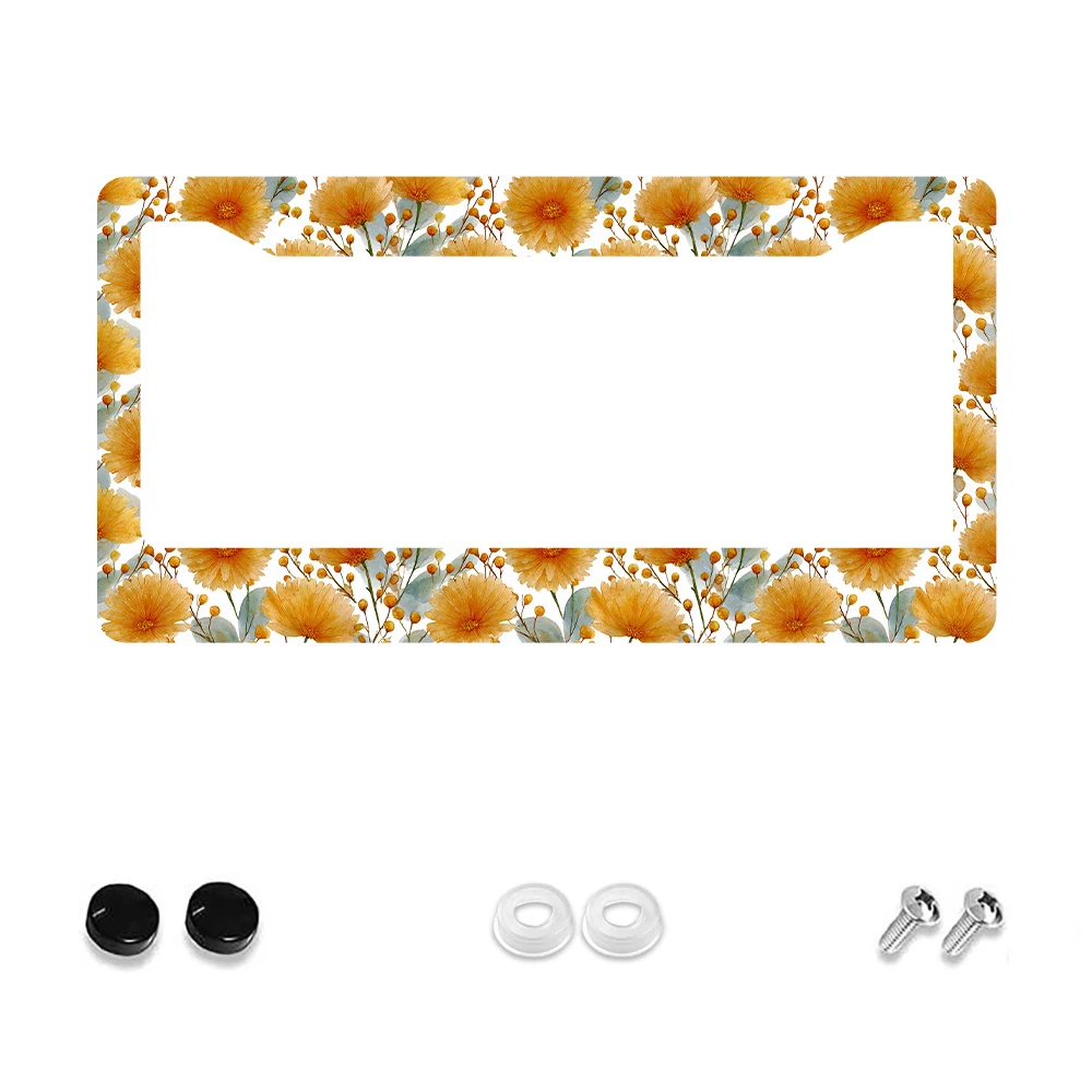 

1pc Orange Floral Pattern 2-Hole License Plate Frame, Aluminum Material, 6x12 Inches with Screw Kit, Retro Novelty Car Decorati