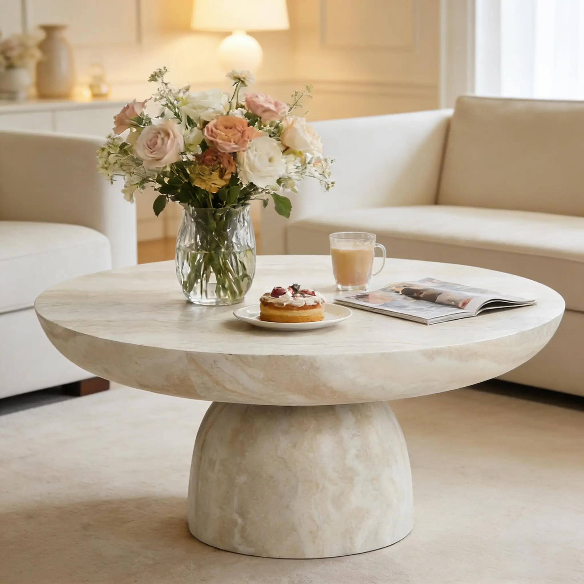 Faux Marble Coffee Table, Modern Round Coffee Table for Living Room, Circle Drum Coffee Side Tables, Fiberglass Center