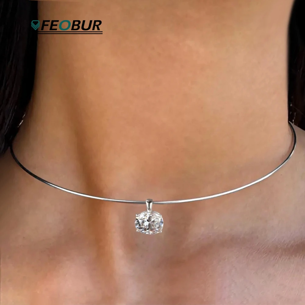 

FEOBUR 3Carat Oval Cut Moissanite Solitaire Necklace for Women Pear Diamond Choker S925 Sterling Silver Chain Jewelry Party Gift