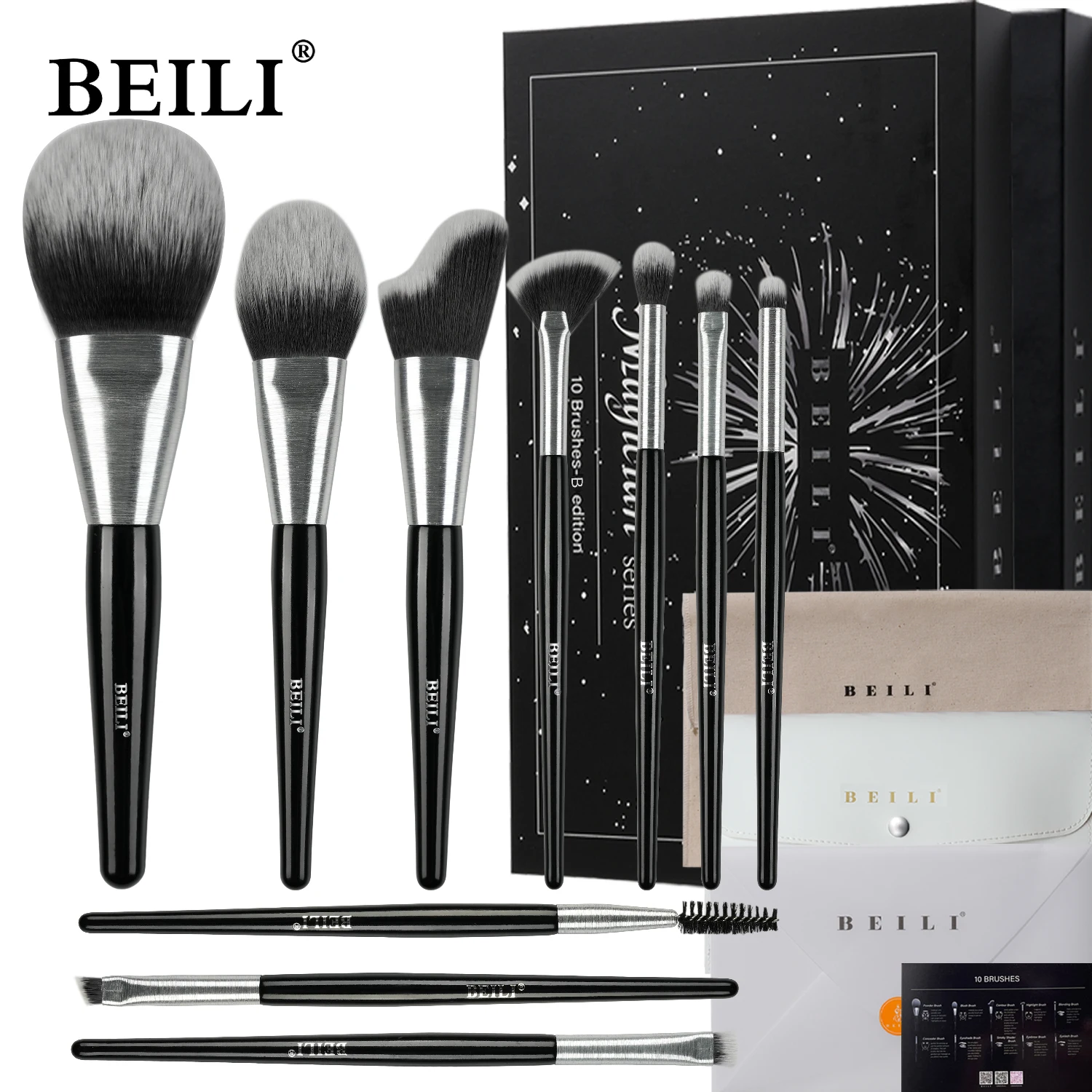 

BEILI Premium Makeup Brush Set 10 Pcs Vegan Luxury Foudation Contour Eyebrow Concealer Blending Brushes Birthday Gift Cosmetics