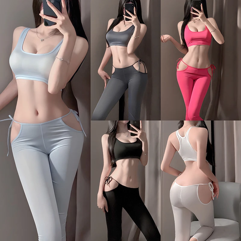 

Peach Hip Pants Raised Hip Line High Elasticity Side Exposed Thin Tight Women Top Pants Silky Lace Up Sexy Transparent Lingerie