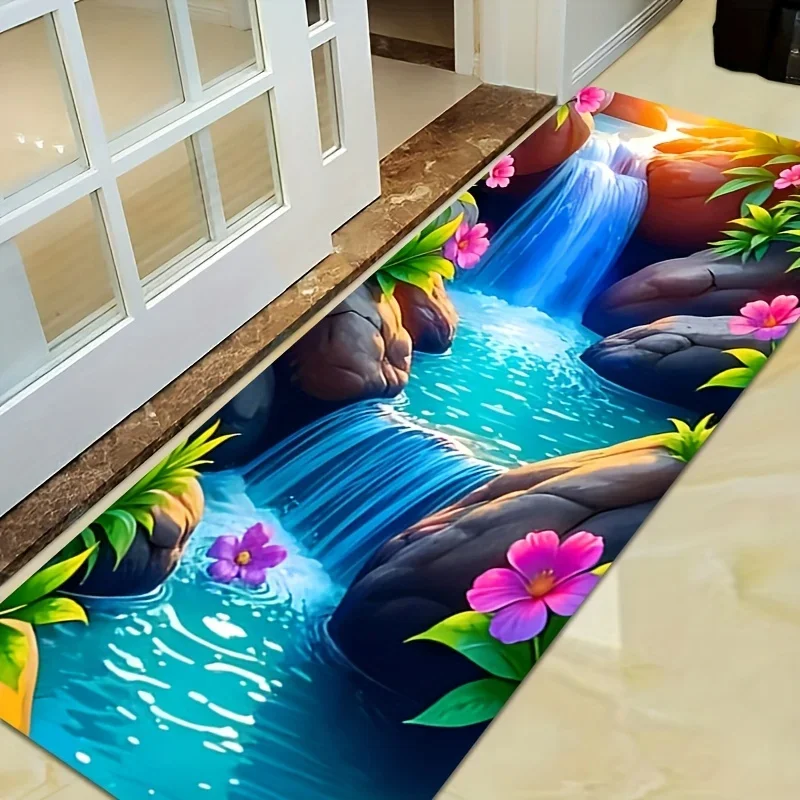 -1pc Dreamlike Colorful Water Flow, Rock, And Flower Printed Long Corridor Carpet, Runway Mat, Perfect for Hallways, Porches,