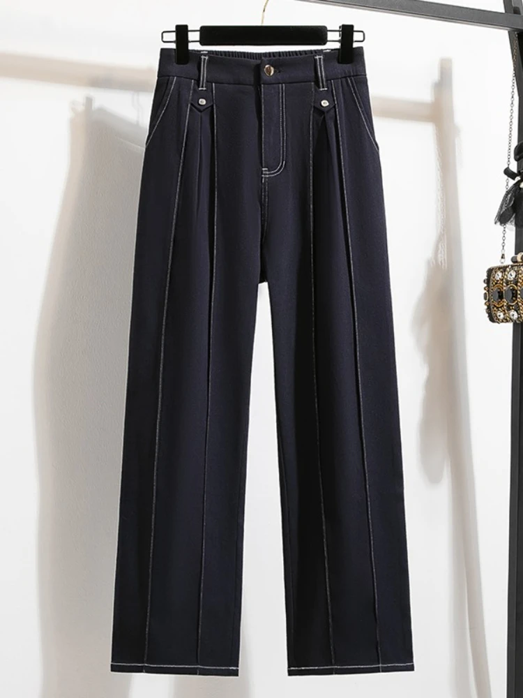 

2025 Plus Size Wide Leg Knitted Denim Jeans High Waist Elastic Casual Straight Leg Pants Women Autumn Versatile Slimming Capris