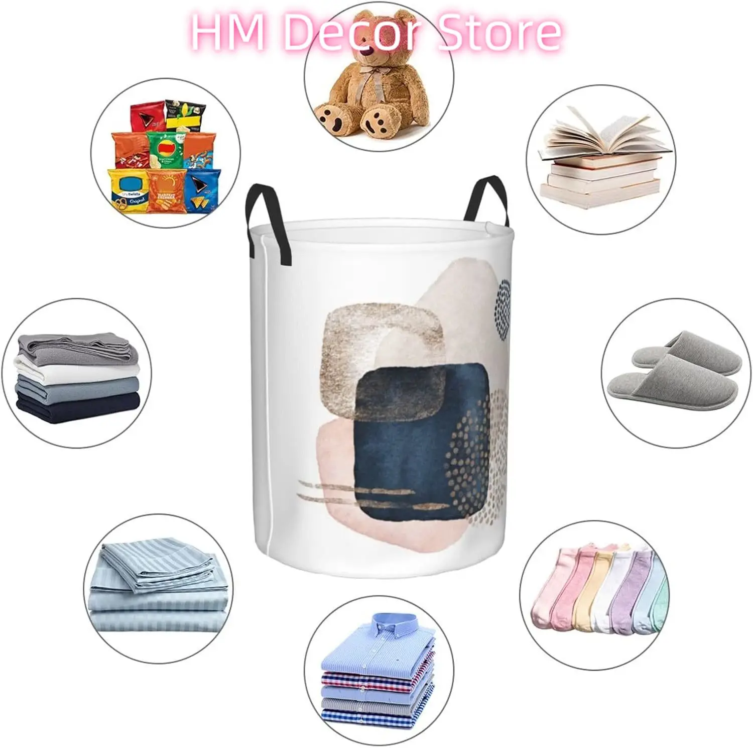 Abstract Watercolor Pink Blue Geometric Laundry Basket with Handle Waterproof Collapsible Cloth Hamper Round Storage Basket for - view 6