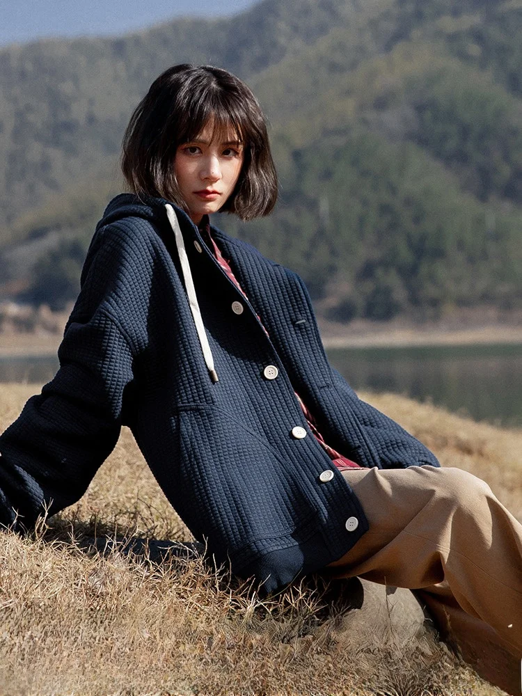 

Spring 2025 ex Spor Wfle Texture Jaet Pure Color Casual Loose Fit Polyester Cotton Blend Long Sve Hooded Coat