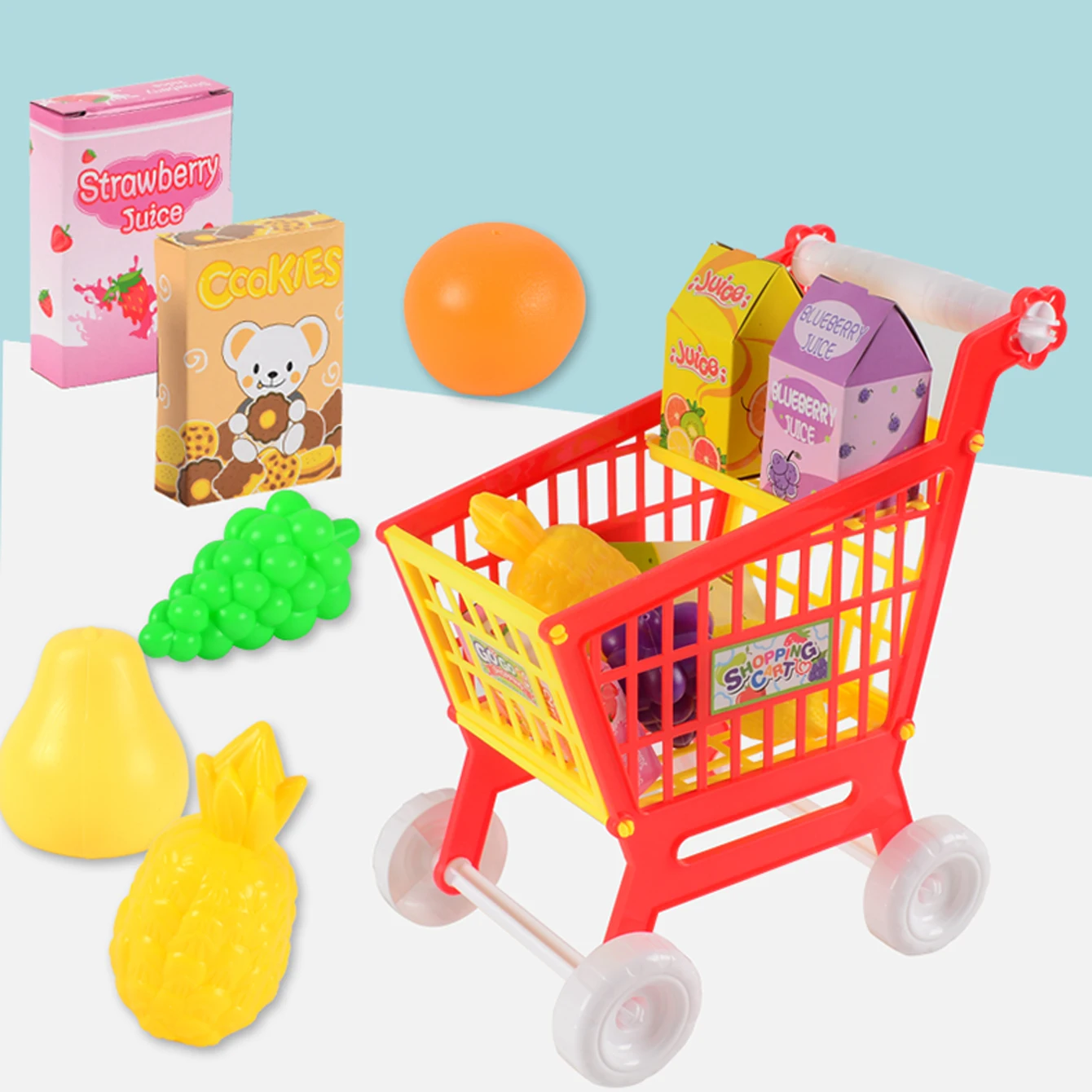 Shopping Cart Toys, Trolley for Groceries Supermarket Playset Fruit Vegetables Play Food Role Kitchen Store Toys for 3+ Kids