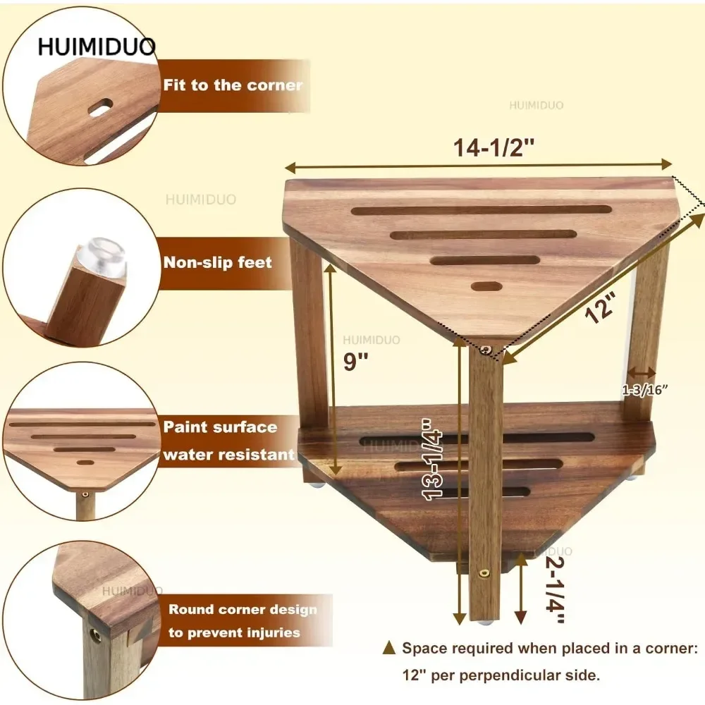 Corner Shower Stool with Storage Shelf Foot Rest Seat Bench for Shaving Legs Acacia Wood
