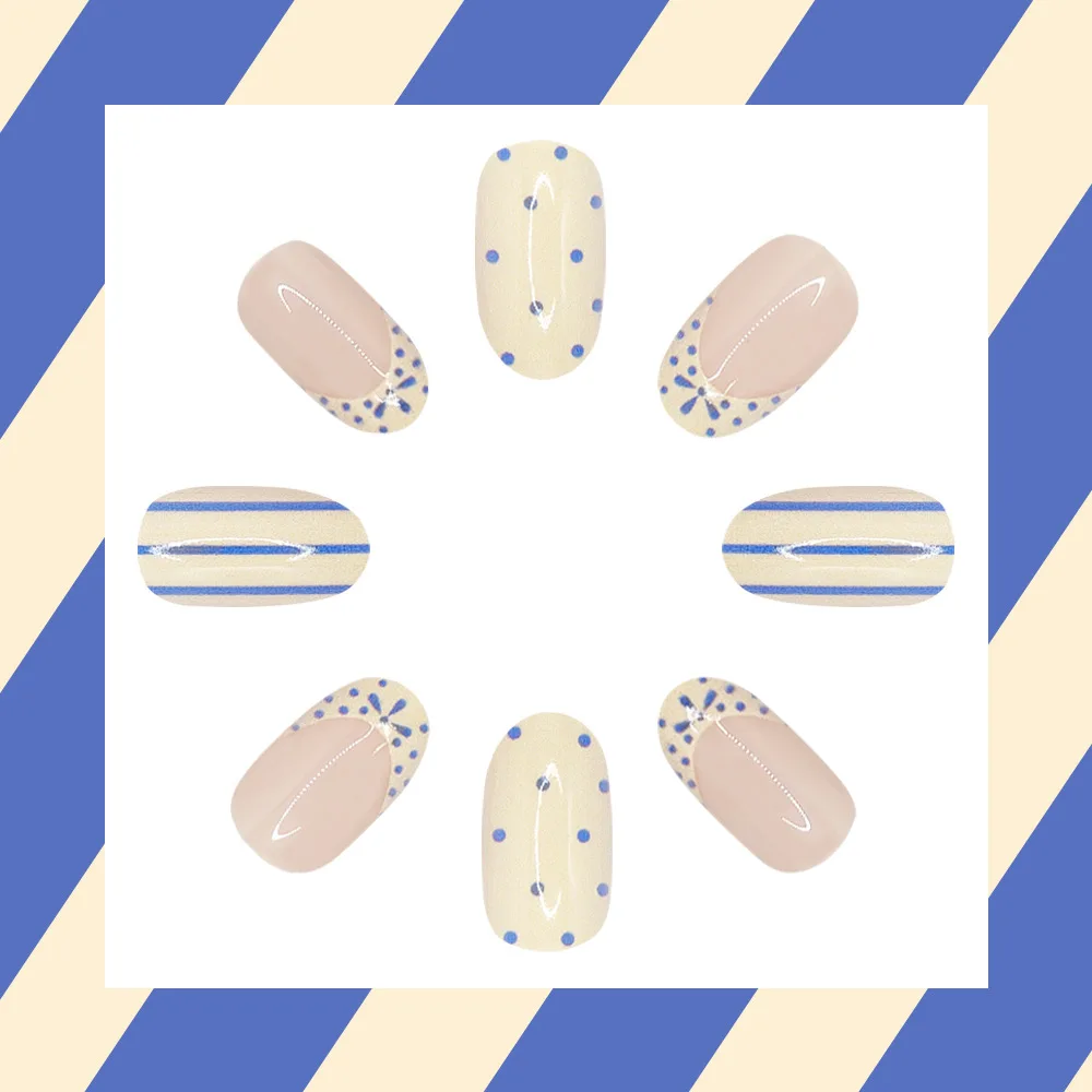 24 stuks Franse blauwe stip gestreepte vla basis glanzende afwerking druk op nagel kunstmatige nep nagel naadloze verwijderbare valse nagel