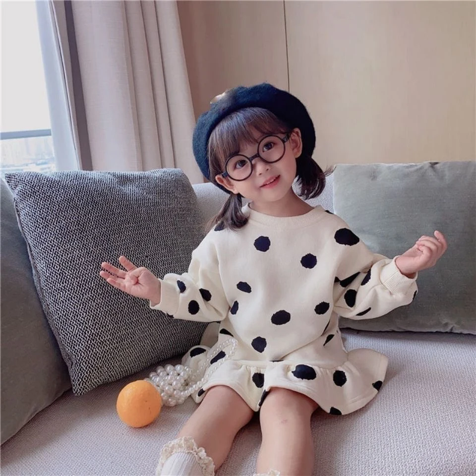 Toddler Girls Warm Sweater Dress 2023 Winter New Korean Children Splicing Pleated Dress Kids Polka Dot Printed Casual Clothes