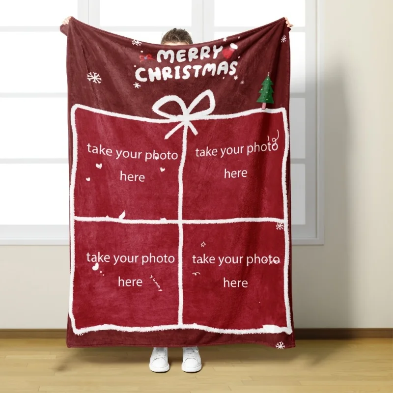 Merry Christmas Photo Frame Throw Blanket, Soft Warm Lightweight Bed Sofa Cover, Xmas Family Home Decor