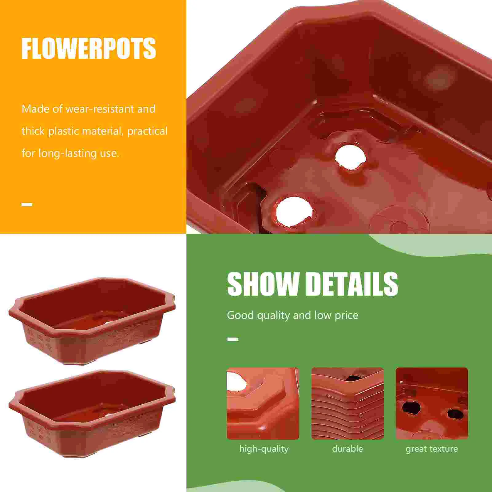 10 Pcs Rectangular Flower Pot Variety of Plants Bonsai Pots Plastic Outdoor with Drainage Pp Gardening Flowerpots