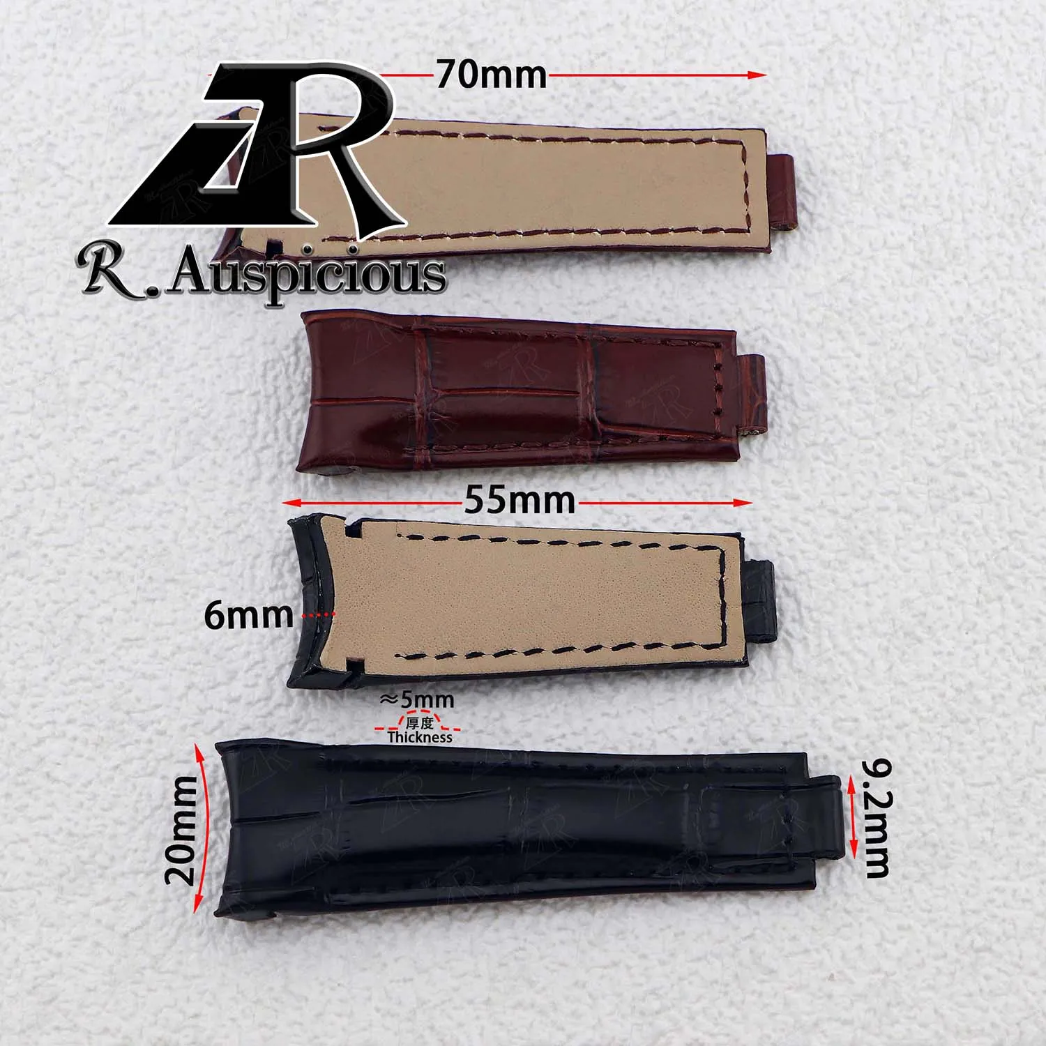 20mm Curved End Crocodile Grain Genuine Leather Watchband Fits for Rolex Submariner GMT DAYTONA Yacht-Master Black Watches Strap