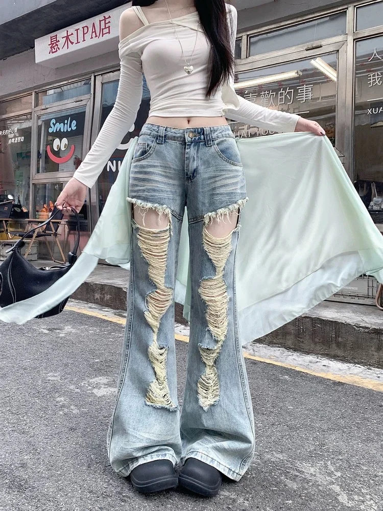 

Detachable Drop Tail Ripped Jeans Women Distressed Washed Slim Fit Flared Trousers Edgy Design Streetwear Denim Pants