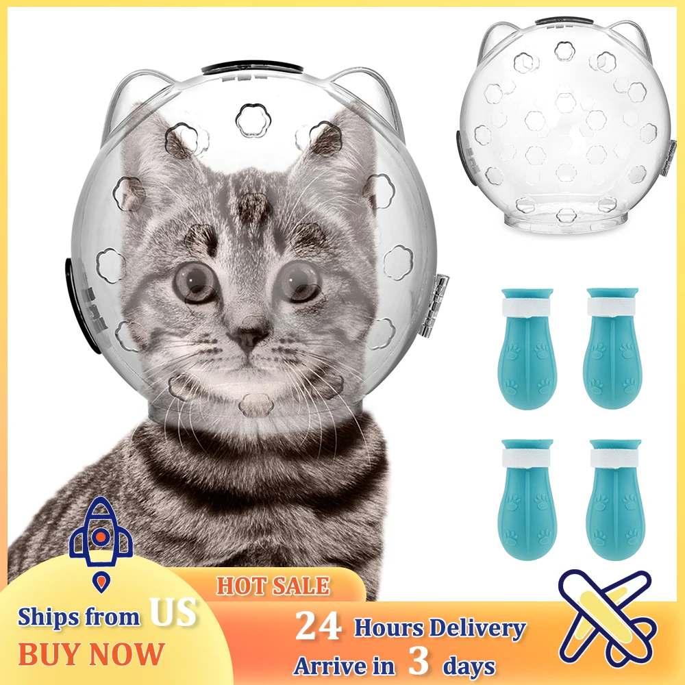 

Cat Muzzle Breathable Transparent Anti-Bite Protective Space Hood Set Durable Cat Grooming Accessories with 4 Silicone Paw Shoes