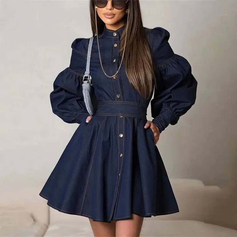 

TARUXY Elegant Lace-Up Denim Mini Dress For Women High Waist Bandage Patchwork Jean Streetwear Female Slim Casual Dress Autumn