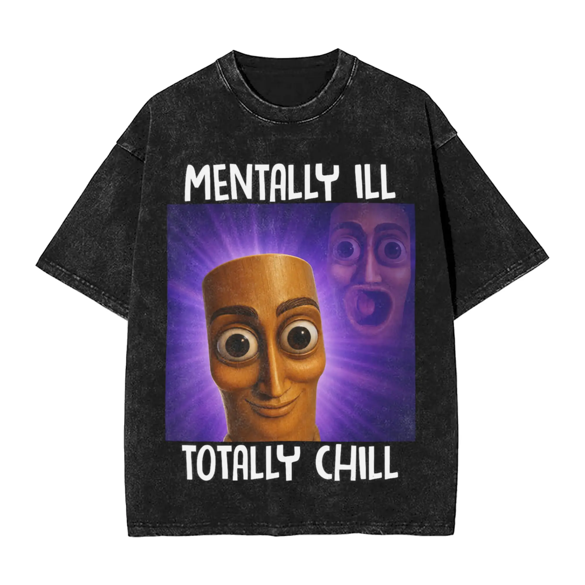 Funny Mentally Ill Totally Chill Funny Tung Sahur Meme T-Shirt Men Cotton Washed T Shirt Short Sleeve Tee Shirt Plus Size Tops