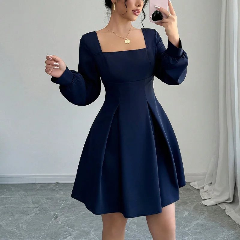 

Elegant Women Long Sleeve Midi Dress 2025 Autumn Vestidos Casual Loose Solid Color Dresses Fashion Lady Party Short Skirts