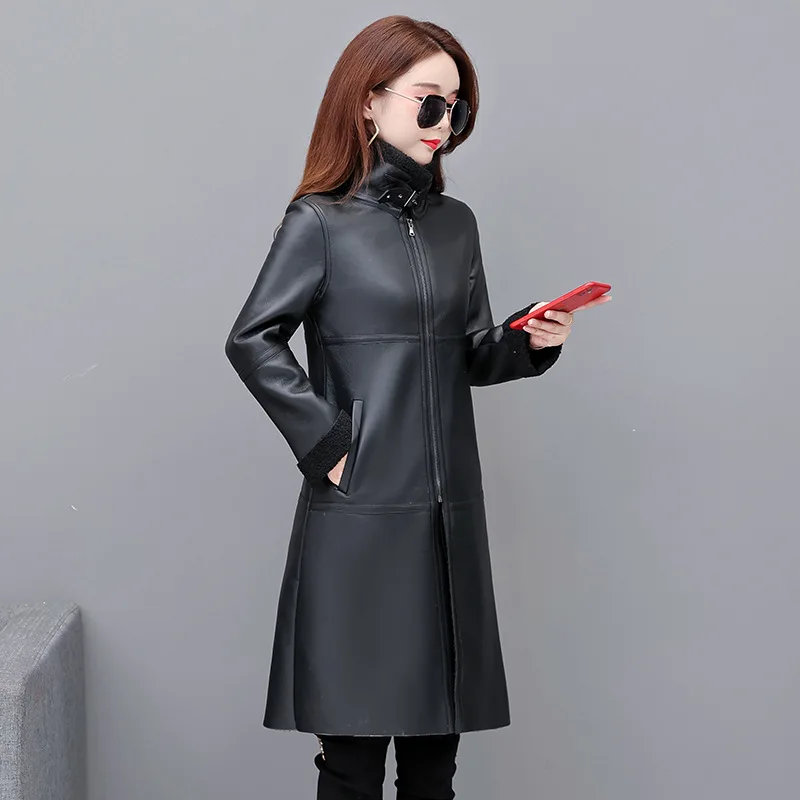 Femme 2023 inverno nova lapela de uma peça casaco de pele moda preto faux couro jaquetas femininas plus size longo velo grosso outerwear