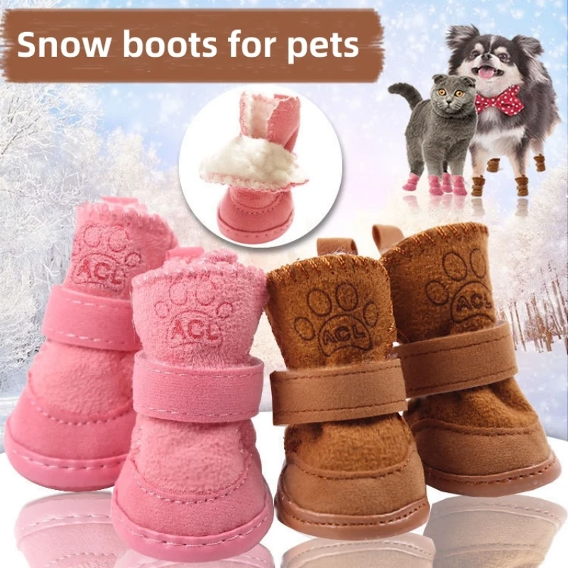 4pcs/set Pet Dog Shoes Winter Warm Shoes for Small Medium Dogs Anti-slip Puppy Rain Snow Boots Footwear Cat Dog Walking Sneakers