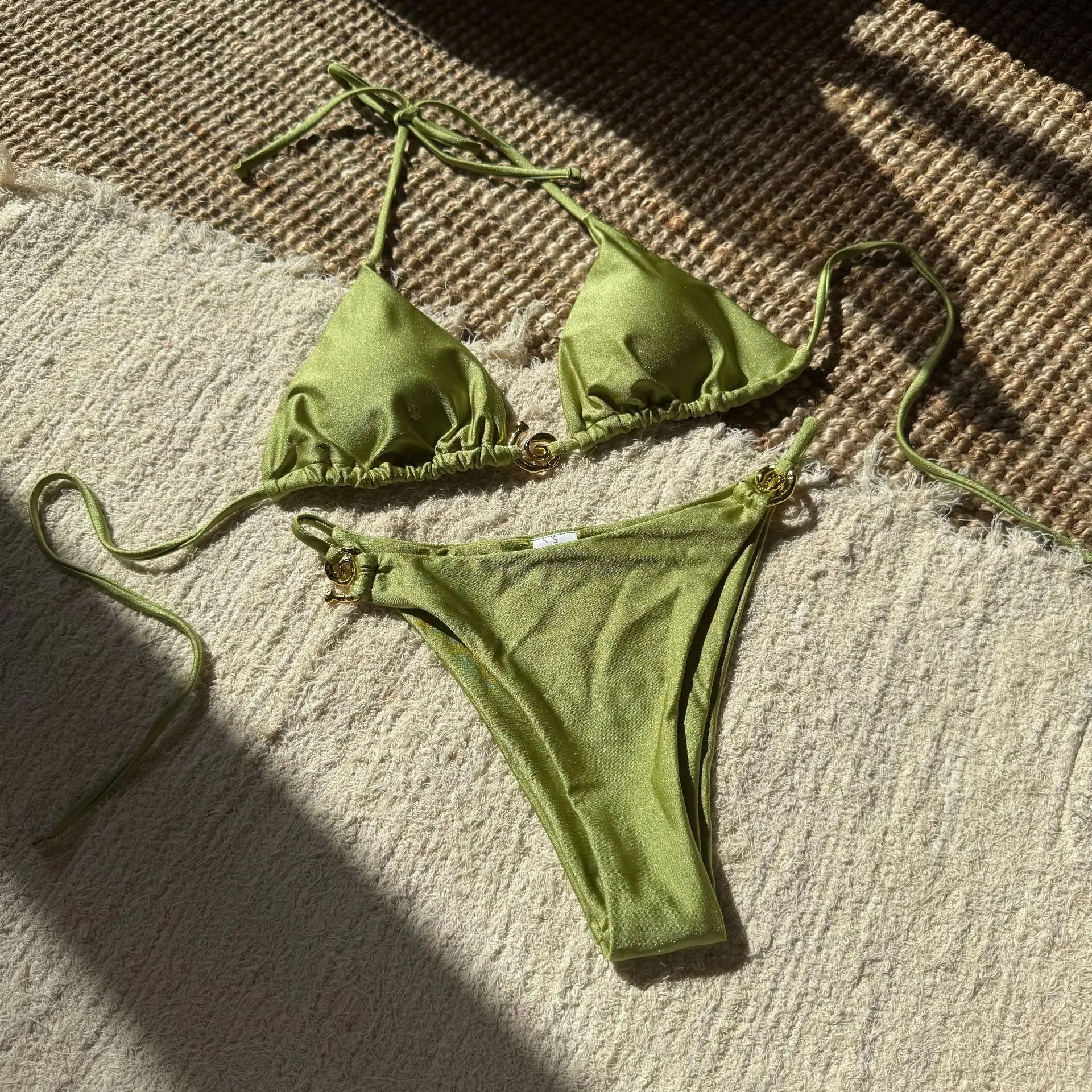 섹시한 반짝이 금속 고삐 넥타이 비키니 세트 두 조각 끈 수영복 수영복 수영복 biquini bakini Tankini trikini