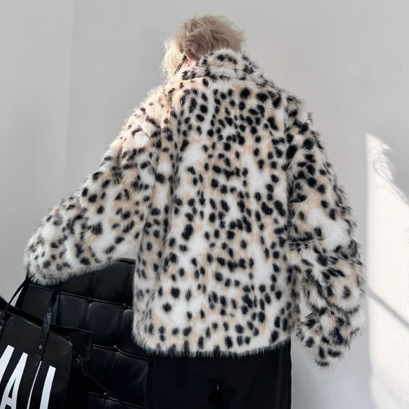 PFNW Trendy Bedeckte Taste Leopard Muster Gedruckt männer Revers Faux Pelz Lose Kausalen Baumwolle Mantel Jacke 2024 Winter Neue 9C8105