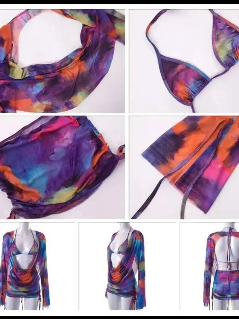 Sexy 3 peças conjunto feminino manga longa colheita superior e mini saias e sutiã fino conjunto de três peças primavera verão roupas moda pk9v