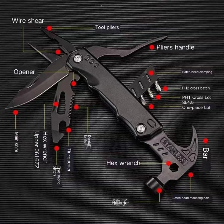 Multifunctional wrench, hammer, folding pliers, hammer, knife, integrated combination tool, portable body-proof emergency .