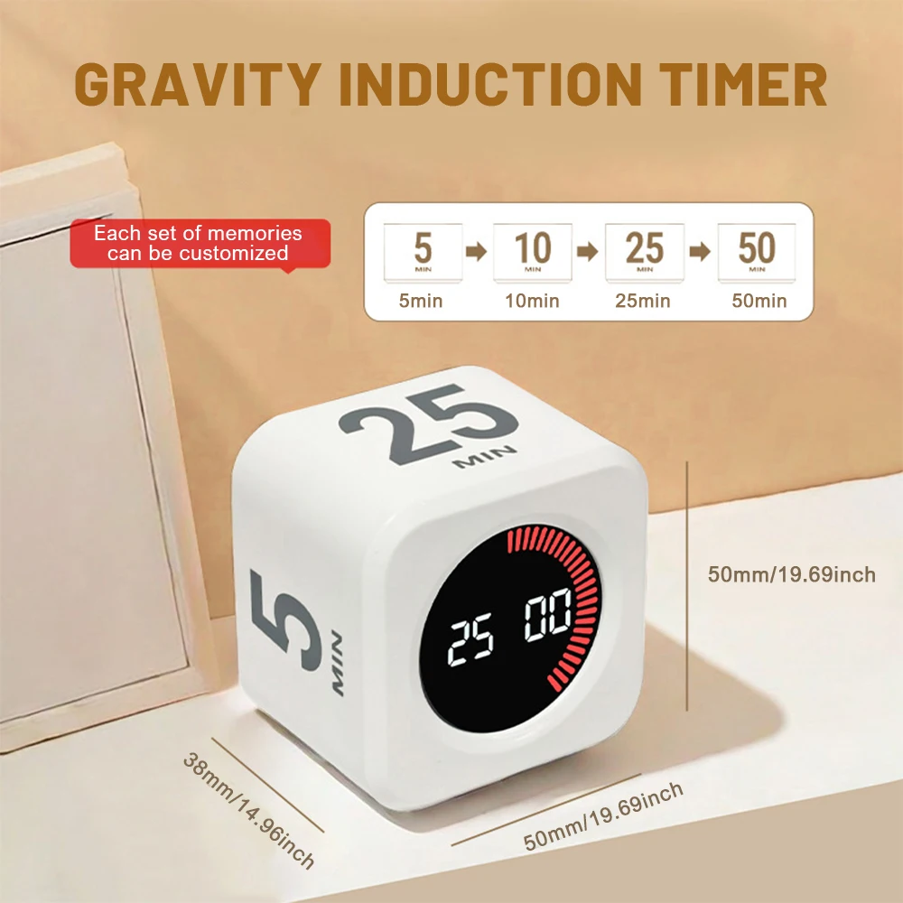 

Visual Timer Productivity Cube Timer Gravity Sensor LED Display 4 Preset Time Kids Time Management Kitchen Countdown Timer