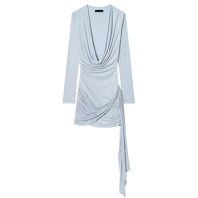 YENKYE Vestido corto drapeado azul claro con fajín para mujer, manga larga, fruncido, ajustado, asimétrico, para salir de noche, sexy