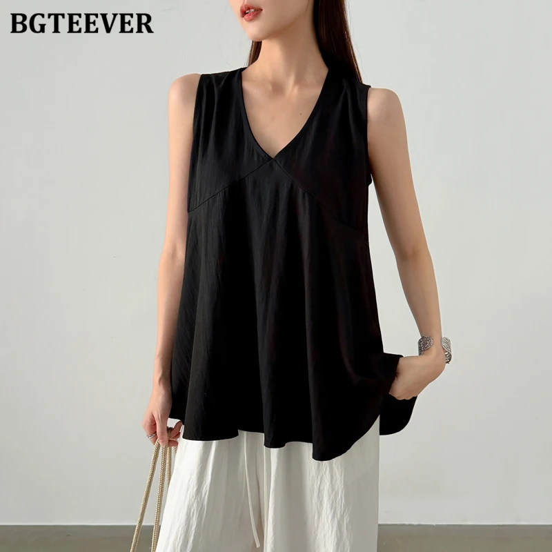 

BGTEEVER Elegant V-neck Loose Pullovers Blouses Tops for Women Summer Fashion Ladies Sleeveless Vests