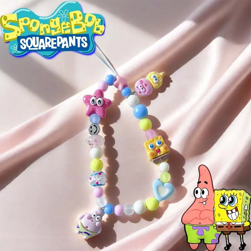 SpongeBob Phone Lanyard Wrist Strap Beaded Women's Hand-held Chain Short Anti-lost Cell Phone Case Cute Lanyard Key Pendant new