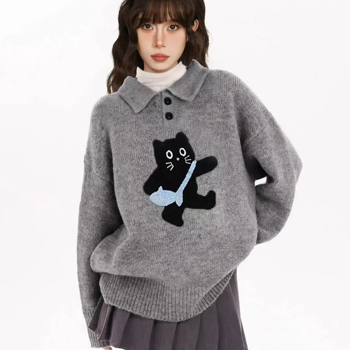 

Gray Polo Cat Sweater Women - Winter Knit Pullover with Collar, Y2K Oversized Lazy Style Top, Thickened Plush Crewneck, Feline P