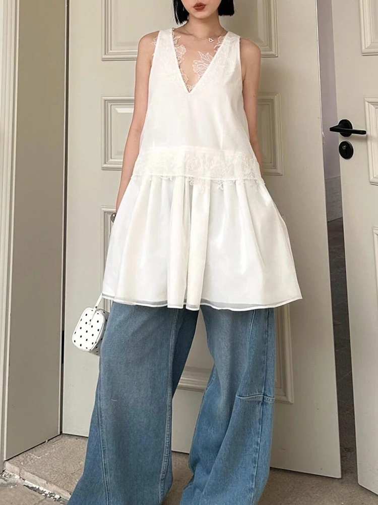 Kant borduurwerk V-hals jurk Temperament Casual witte losse gezwollen damesjurken 2025, zomer nieuw