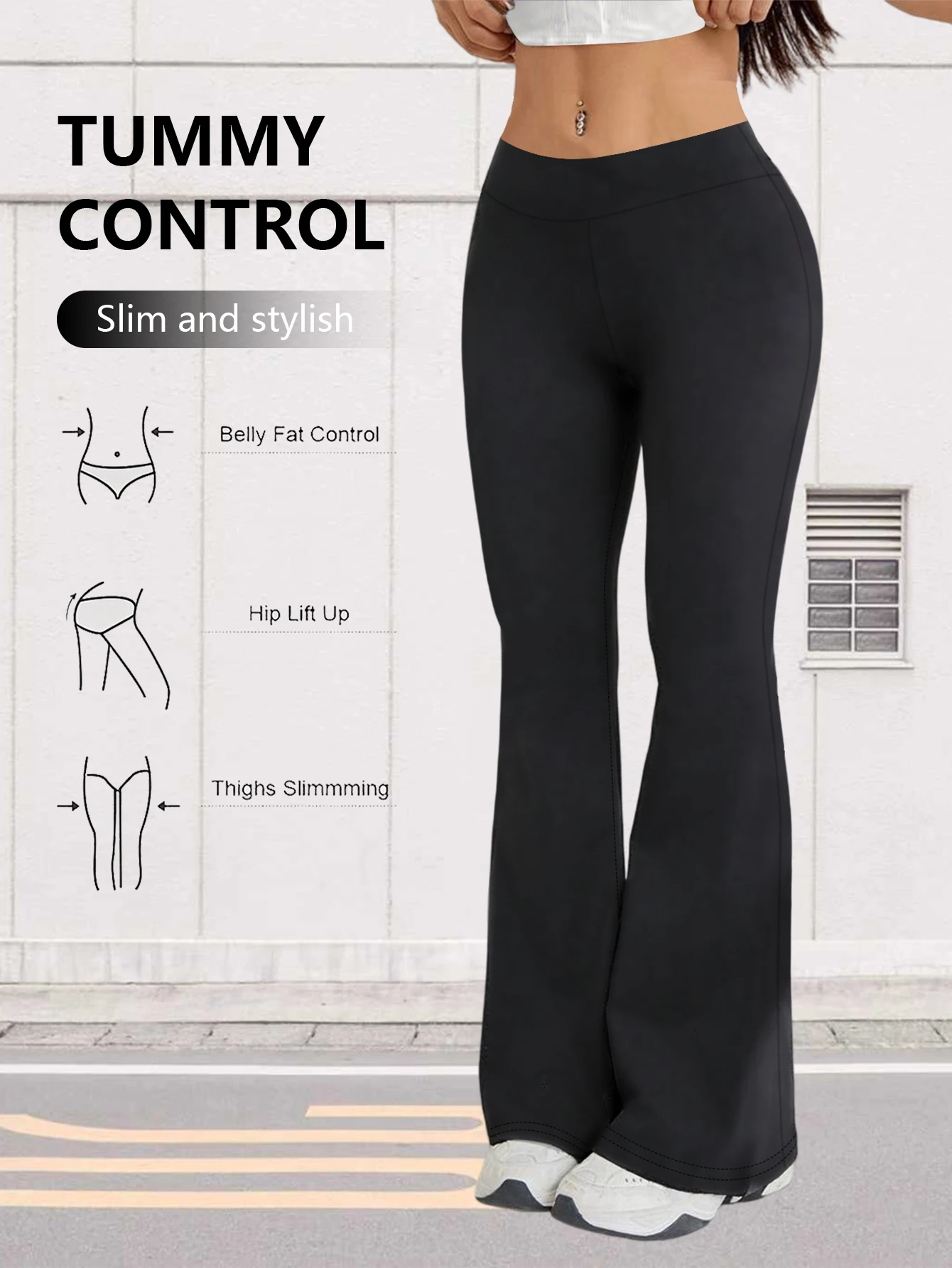 Schlanke, hüfthebende Schlaghose mit hoher Taille für Damen, atmungsaktive Freizeithose aus Polyester, hand- und maschinenwaschbar für den täglichen Gebrauch – Detail 4