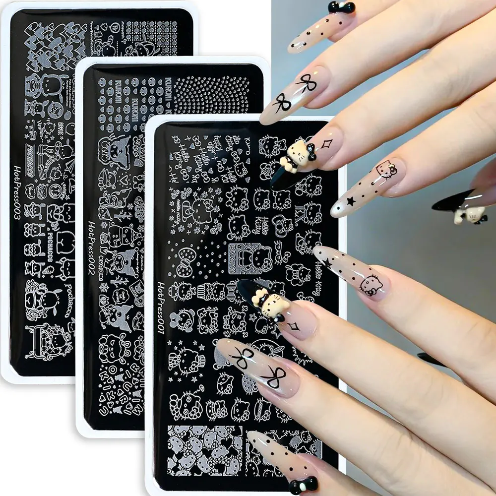 ﻿ 1 pz Cartoon Stamping Plate Con Hello Kitty design Adesivo per unghie Kawaii Kitty Bow Heart Nail Modelli in acciaio Decalcomanie HotPress001