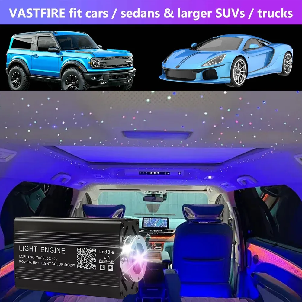 

Car Roof Star Light Fiber Optic Kit 12V RGBW LED, 1000pcs 2m PMMA Fiber, APP+24 Key Remote, Cigarette Lighter Plug ABS+Aluminum