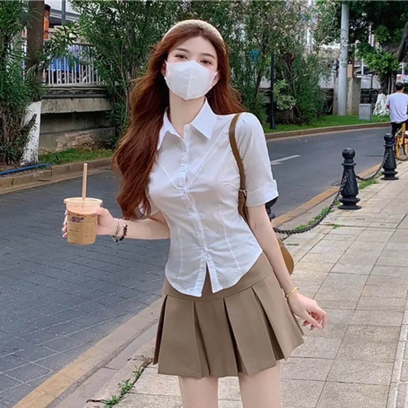

White ort Sve irt Women's Slim Fit Waist-Cinching Design Summer 2025 Faion Straight Cut Collar Pure Color Top