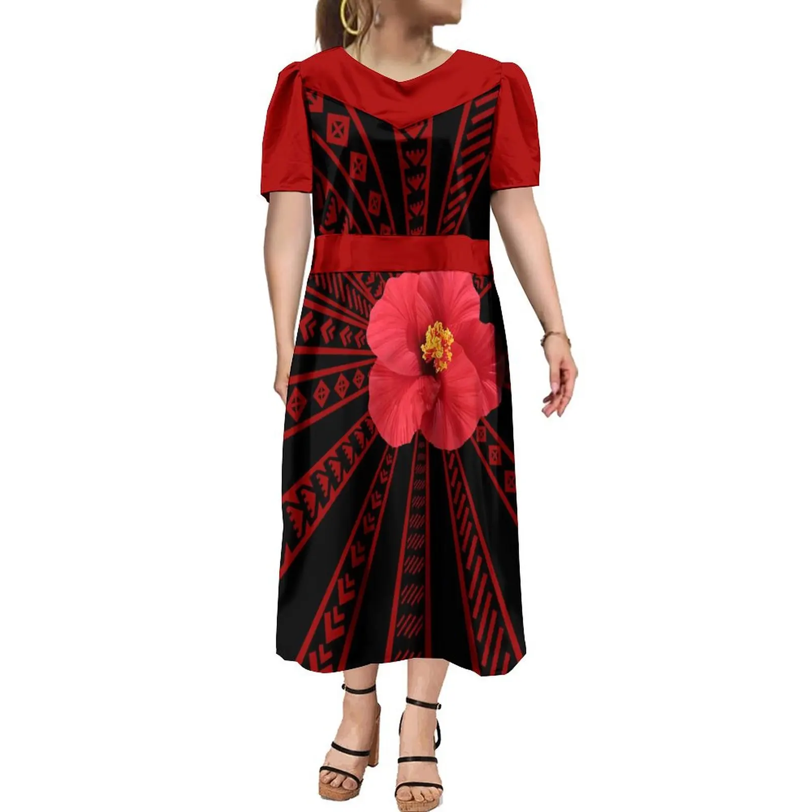 

2024 Latest Design Bubble Sleeve Micronesian Mumu Dress Custom Vintage Square Neck Women'S Dress Polynesian Midi Slim Dress