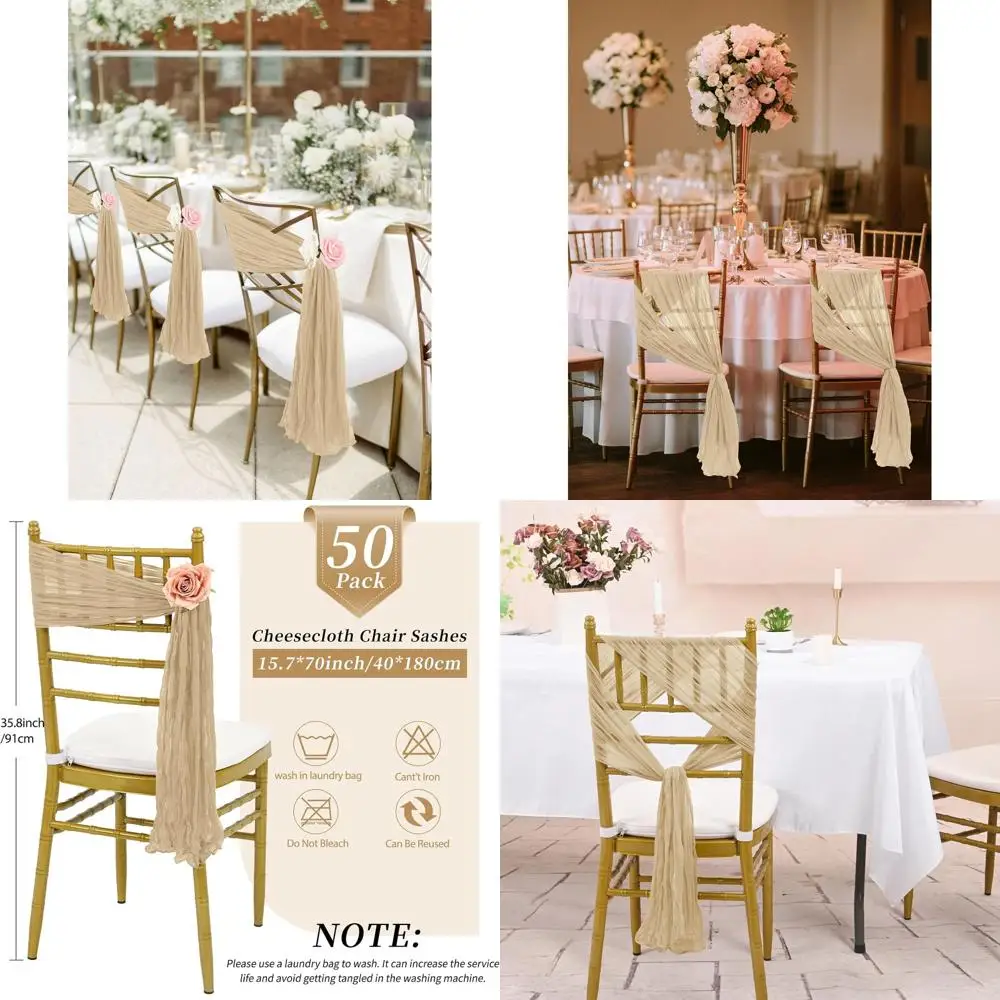

50 Pack Cheesecloth Chair Sashes, 15.7x70 inch Bows, Chair Decorations for Weddings, Banquets, and Parties (Beige)