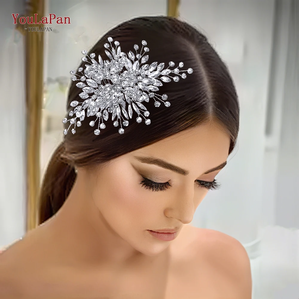 

YouLaPan Shiny Rhinestone Bride Headwear Silver Color Wedding Hair Comb Accessories Handmade Banquet Party Headdress HP947
