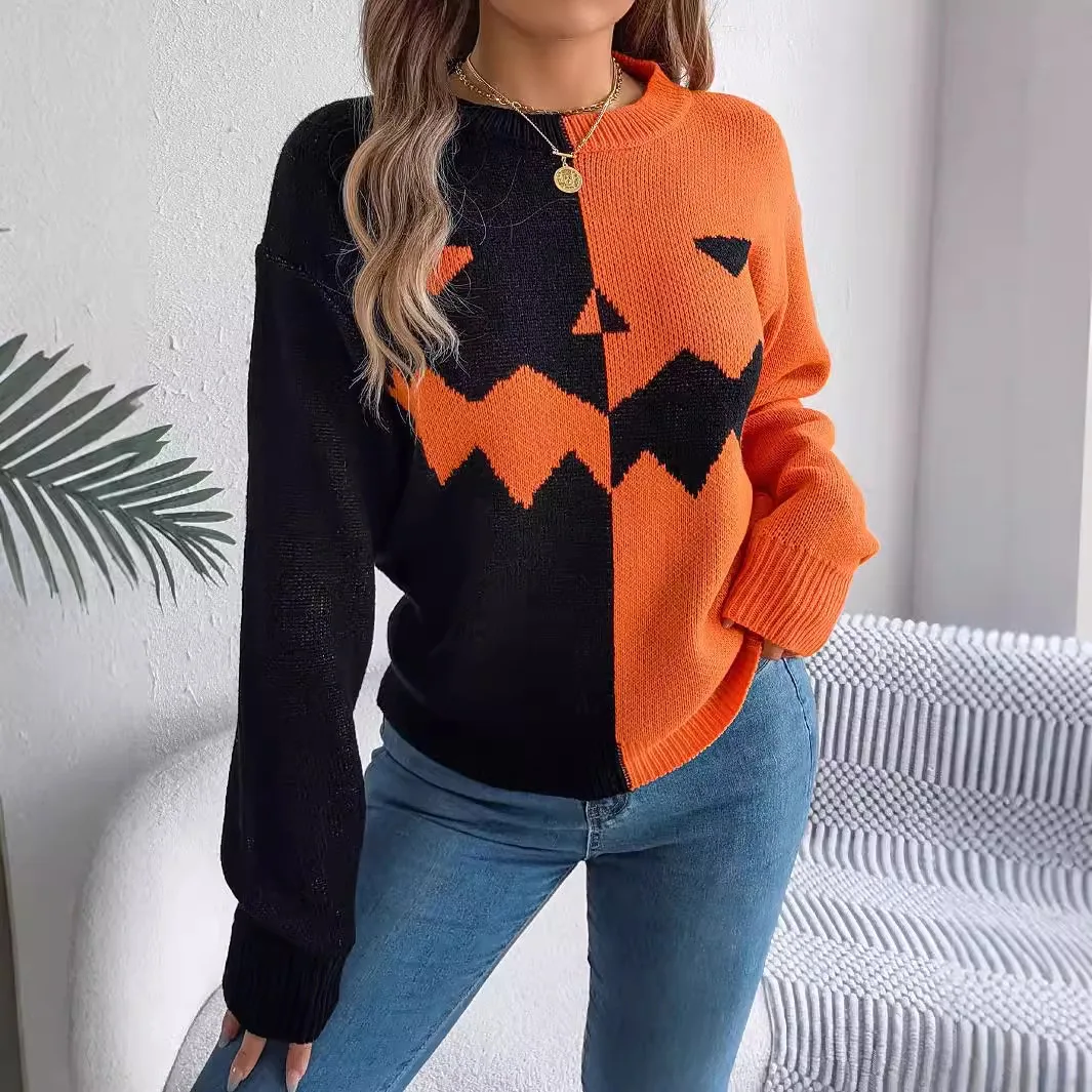 Women Autumn/Winter Halloween Ghost Pumpkin Contrast Knitted Long Sleeve Hoodie Sweater Black Orange Fall Tops Pullover Sweaters