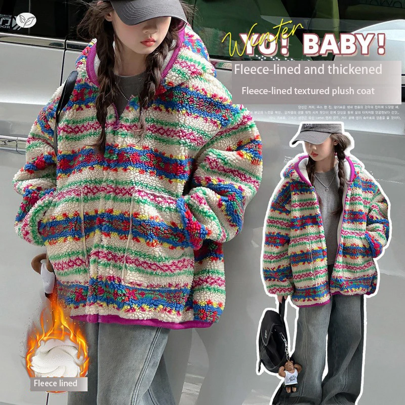 

Girls Warm Fleece Coat Winter New Style Colorful Striped Hooded Pullover Fuzzy Cardigan 130-170cm Children's Outerwear