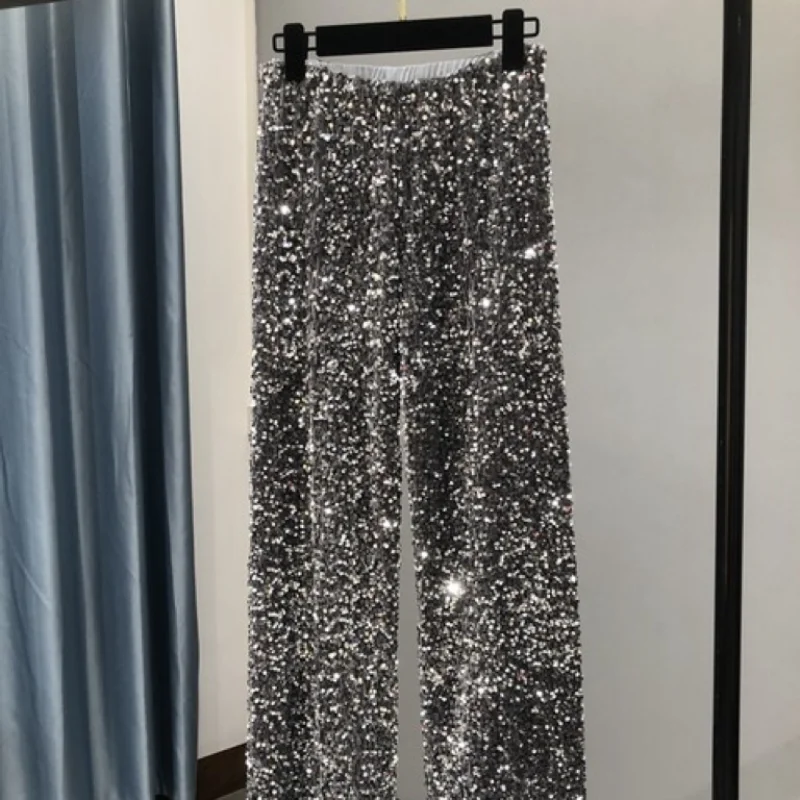 Women's Wide Leg Pants, Sparkling Velvet Sequin Large Size Mop Pants, Shiny Long Straight Leg Pants, Women Fashion